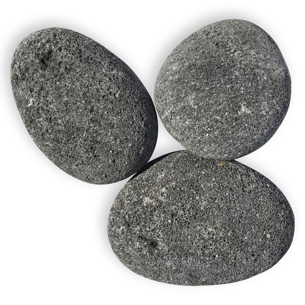 Three large, smooth-surfaced black lava stones from the XL collection by Starfire Direct—perfect for enhancing the look of fire pits or fireplaces with natural texture and lasting heat resistance.