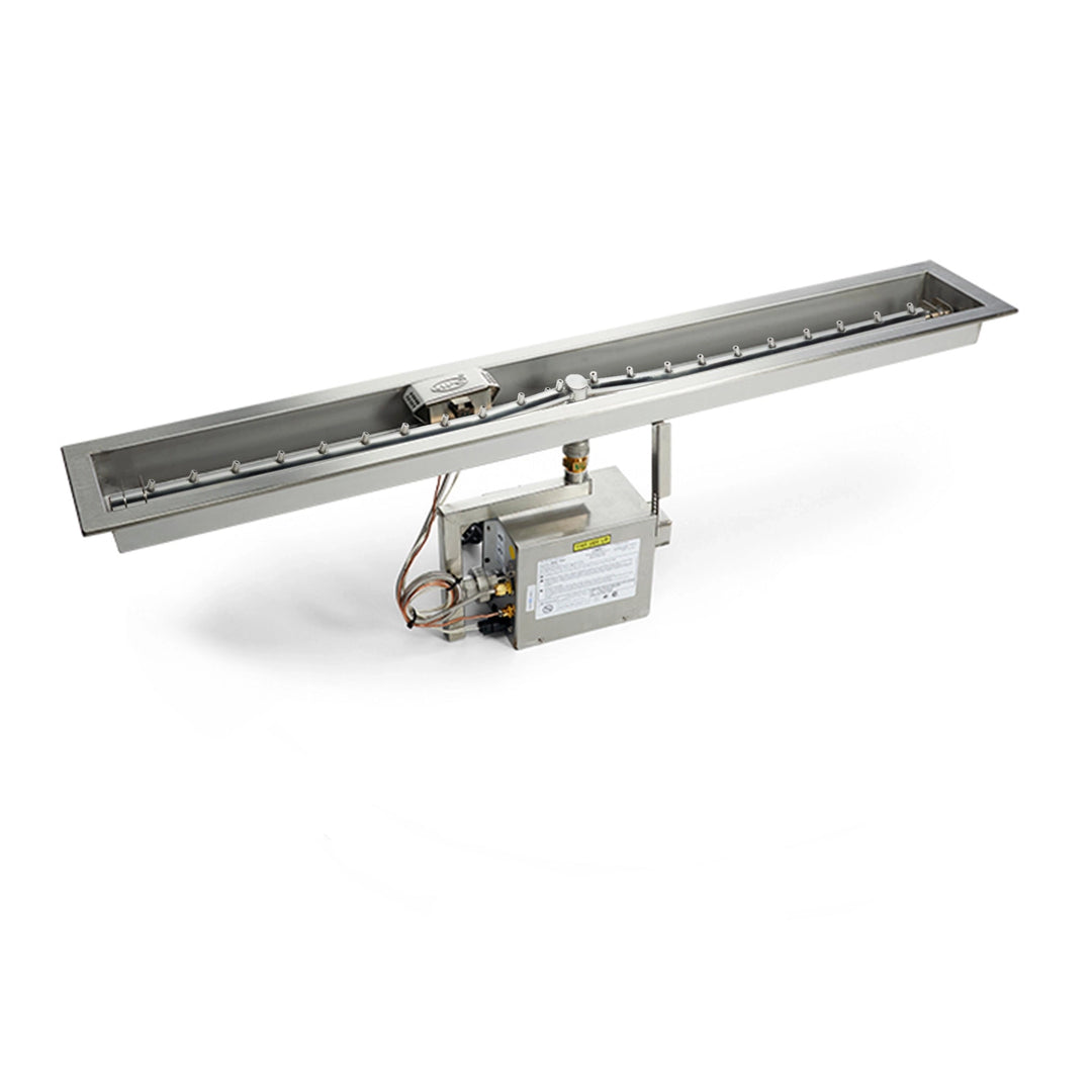 Linear stainless steel fire pit burner with integrated electronic ignition system and control box, designed for custom outdoor fire features