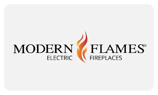 The Modern Flames logo featuring the brand name in orange and black with a stylized flame icon in the middle, representing their premium electric fireplace products.