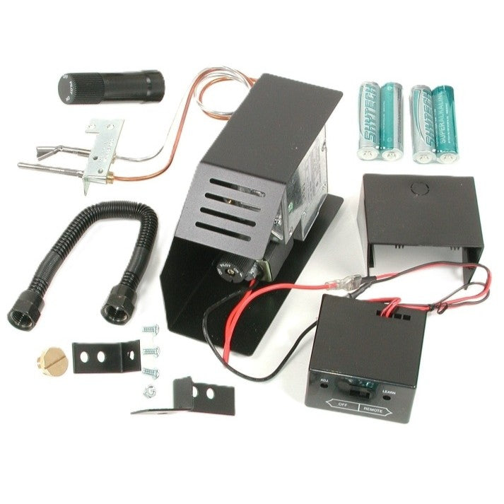 A premium safety pilot system designed for vented gas fireplaces, featuring a remote-ready receiver, thermocouple, ignition module, flexible gas tubing, and battery pack. Ensures convenient and secure control over gas log operation.