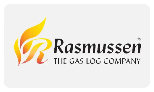 The Rasmussen logo featuring the brand name in orange and yellow with a stylized flame icon, representing their premium gas log products.