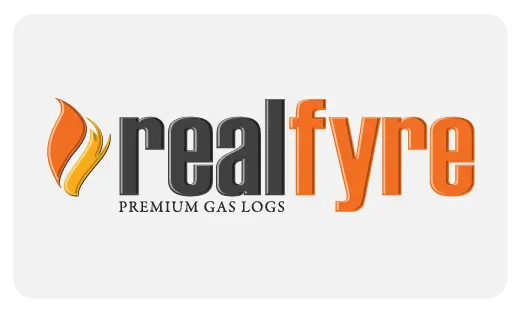 The RealFyre Fire logo featuring the brand name in orange and gray with a stylized flame icon, representing their premium gas log burner and handcrafted gas log products.