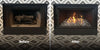 Side-by-side before and after comparison of a fireplace transformation, from a traditional wood-burning setup to a modern gas insert with sparkling fire glass, surrounded by a geometric-patterned tile