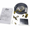 Complete Starfire Designs Béton Fire Pit Propane to Natural Gas Conversion Kit, including flexible gas hose, brass fittings, tools, instruction manual, and safety label.