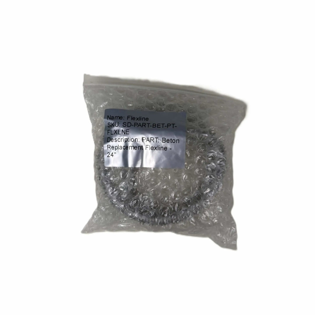 Starfire Designs Béton Fire Pit Replacement Flex Line packaged in bubble wrap, labeled as a 24-inch stainless steel flexible gas connector.