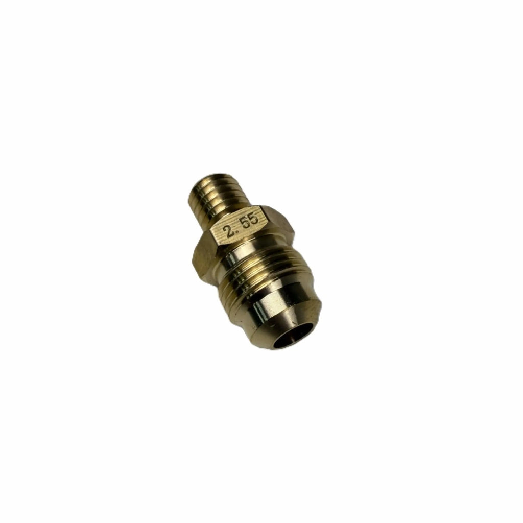 Close-up of the Starfire Designs Béton Fire Pit Replacement Orifice, a precision-machined brass fitting labeled “2.55,” used for liquid propane and natural gas fire pit conversions.