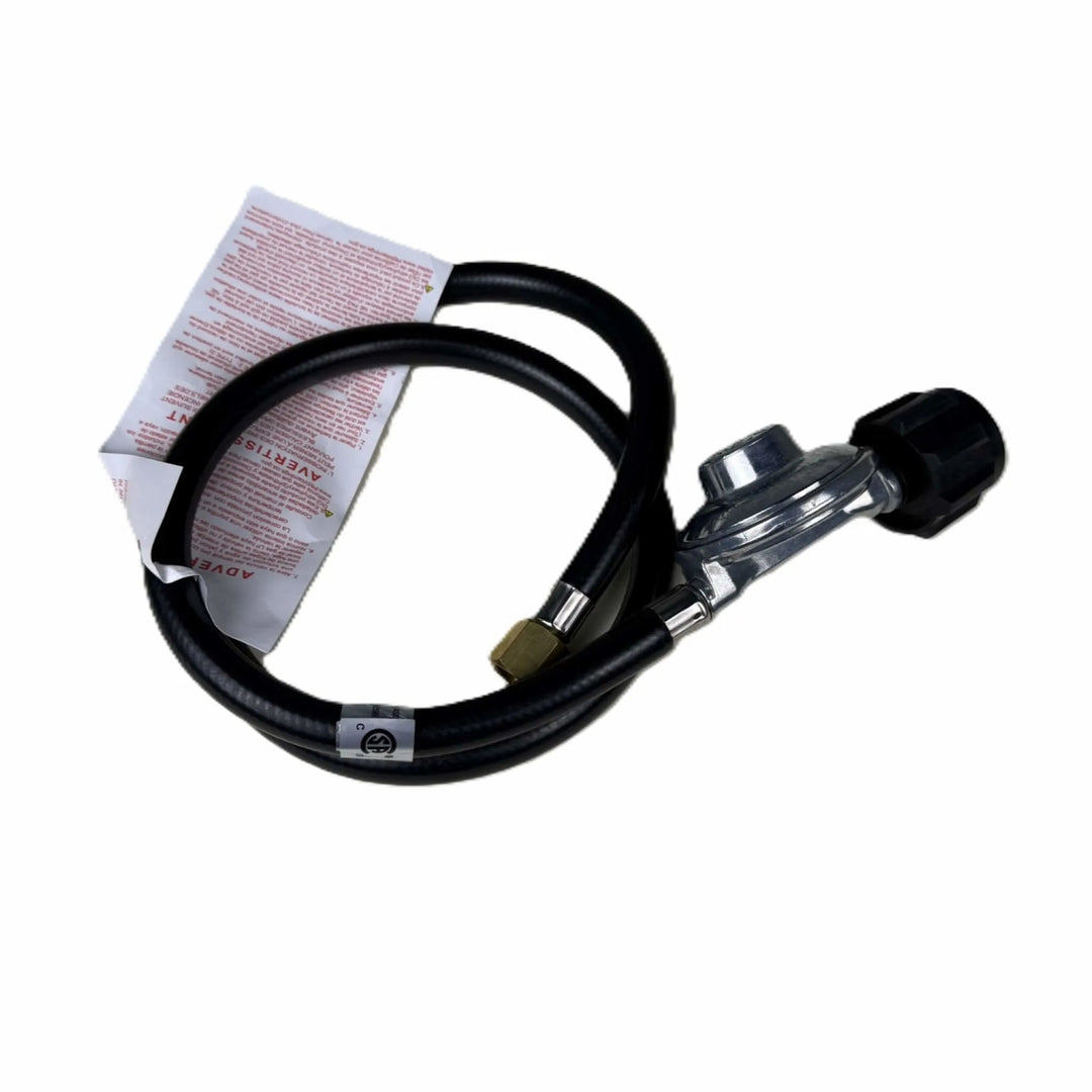 Starfire Designs Béton Fire Pit Replacement Regulator Hose shown coiled with attached propane tank fitting and safety warning label for 40-inch hidden tank connection setup.