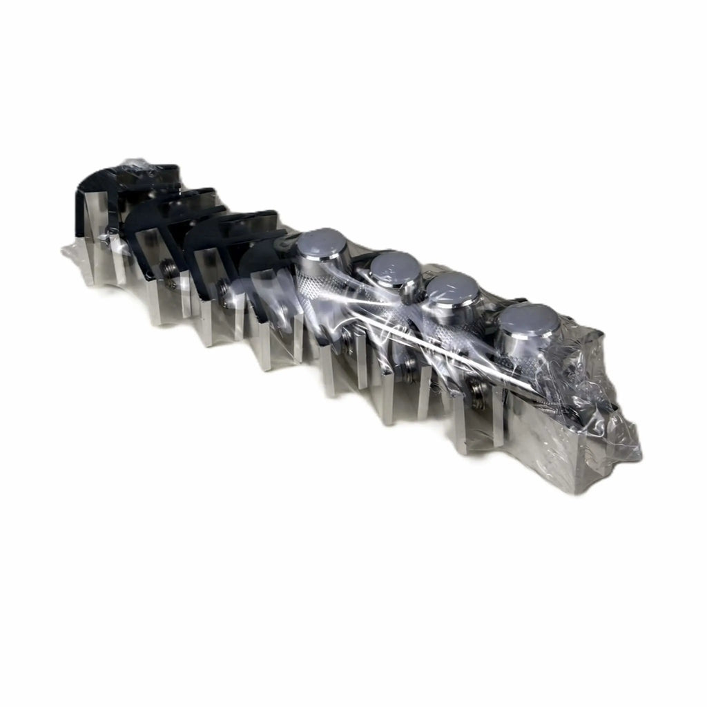Starfire Designs Béton Fire Pit Replacement Square and Rectangle Glass Wind Guard Clips Kit laid out on a white background, showing polished stainless steel corner clips with adjustable knobs and hex key.