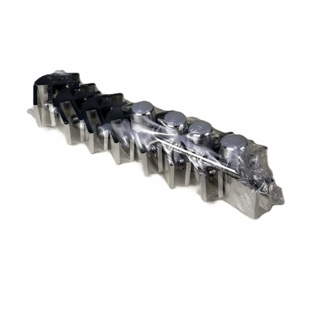 Starfire Designs Béton Fire Pit Replacement Square and Rectangle Glass Wind Guard Clips Kit laid out on a white background, showing polished stainless steel corner clips with adjustable knobs and hex key.