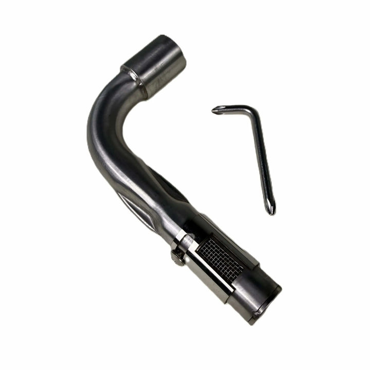 Close-up of Starfire Designs Béton Fire Pit Venturi Pipe for propane gas, showing precision stainless steel design and adjustment key for setup.