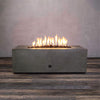 Front view of Starfire Designs Gravity 48" x 32" Rectangle Rustic Gravity Concrete (GFRC) Fire Pit - Propane Gas Hardline - Brown with flames on, featuring sleek modern concrete bowl design and durable construction, perfect for outdoor patio spaces. Natural gas or propane compatible, enhancing warmth and ambiance. Lava rocks included for added aesthetic.
