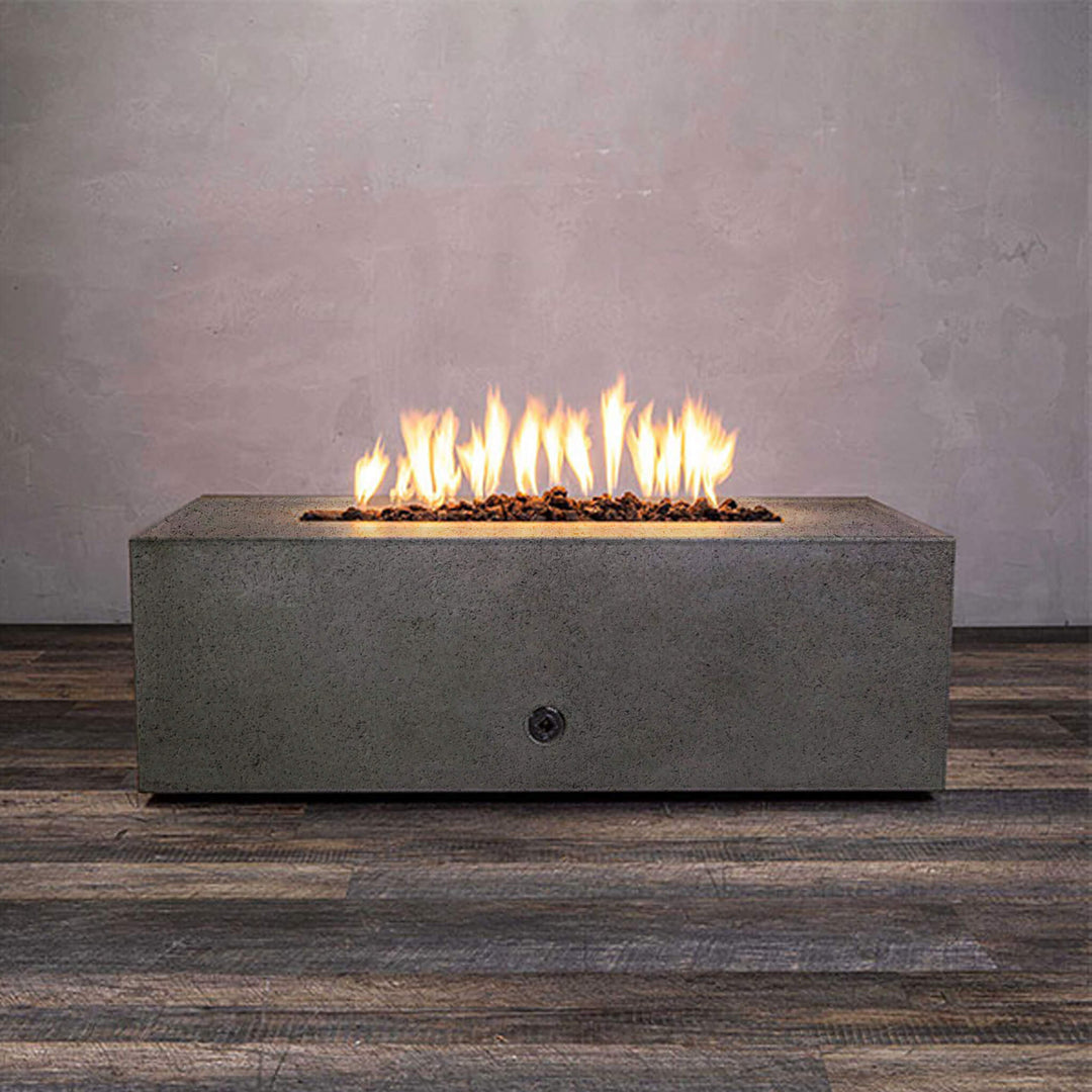 Front view of Starfire Designs Gravity 48" x 32" Rectangle Rustic Gravity Concrete (GFRC) Fire Pit - Propane Gas Hardline - Brown with flames on, featuring sleek modern concrete bowl design and durable construction, perfect for outdoor patio spaces. Natural gas or propane compatible, enhancing warmth and ambiance. Lava rocks included for added aesthetic.
