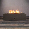 Front view of Starfire Designs Gravity 60" x 32" Rectangle Rustic Gravity Concrete (GFRC) Fire Pit - Propane Gas Hardline - Brown with flames on, featuring sleek modern concrete bowl design and durable construction, perfect for outdoor patio spaces. Natural gas or propane compatible, enhancing warmth and ambiance. Lava rocks included for added aesthetic.