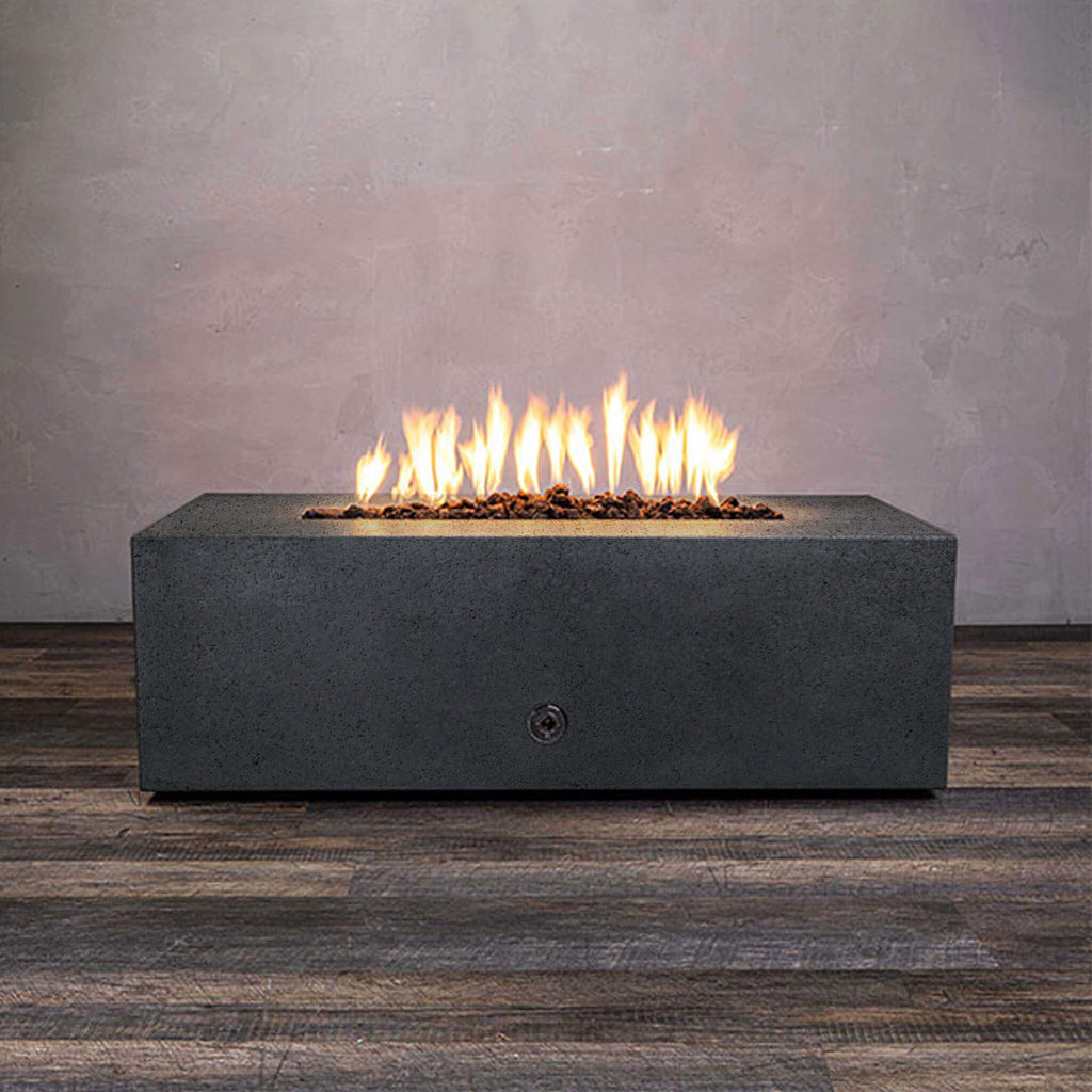 Front view of Starfire Designs Gravity 48" x 32" Rectangle Rustic Gravity Concrete (GFRC) Fire Pit - Propane Gas Hardline - Graphite with flames on, featuring sleek modern concrete bowl design and durable construction, perfect for outdoor patio spaces. Natural gas or propane compatible, enhancing warmth and ambiance. Lava rocks included for added aesthetic.
