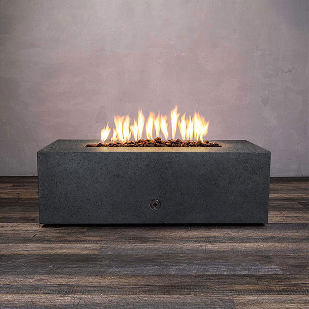 Front view of Starfire Designs Gravity 48" x 32" Rectangle Rustic Gravity Concrete (GFRC) Fire Pit - Propane Gas Hardline - Graphite with flames on, featuring sleek modern concrete bowl design and durable construction, perfect for outdoor patio spaces. Natural gas or propane compatible, enhancing warmth and ambiance. Lava rocks included for added aesthetic.
