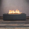 Front view of Starfire Designs Gravity 60" x 32" Rectangle Rustic Gravity Concrete (GFRC) Fire Pit - Propane Gas Hardline - Graphite with flames on, featuring sleek modern concrete bowl design and durable construction, perfect for outdoor patio spaces. Natural gas or propane compatible, enhancing warmth and ambiance. Lava rocks included for added aesthetic.
