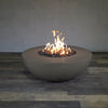 Front view of Starfire Designs Gravity 45" Round Rustic Gravity Concrete (GFRC) Fire Pit - Propane Gas Hardline - Brown with flames on, featuring sleek modern concrete bowl design and durable construction, perfect for outdoor patio spaces. Natural gas or propane compatible, enhancing warmth and ambiance. Lava rocks included for added aesthetic.
