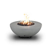 A side view of the Starfire Designs Gravity 45" Round Rustic Gravity Concrete (GFRC) Fire Pit - Propane Gas Hardline - Natural Gray with flames on, featuring sleek modern concrete bowl design and durable construction, perfect for outdoor patio spaces. Natural gas or propane compatible, enhancing warmth and ambiance. Lava rocks included for added aesthetic.
