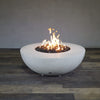 Front view of Starfire Designs Gravity 45" Round Rustic Gravity Concrete (GFRC) Fire Pit - Propane Gas Hardline - White with flames on, featuring sleek modern concrete bowl design and durable construction, perfect for outdoor patio spaces. Natural gas or propane compatible, enhancing warmth and ambiance. Lava rocks included for added aesthetic.
