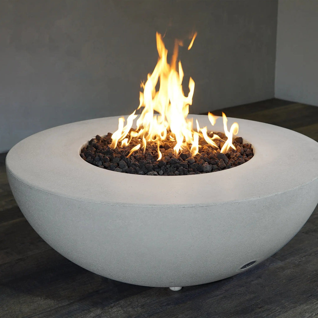 45" Round Rustic Gravity Concrete (GFRC) Fire Pit - Propane Gas Hardline - 110V CSA Hi/Lo Electronic Ignition System w/Bluetooth & Handheld Remote - White by Starfire Designs