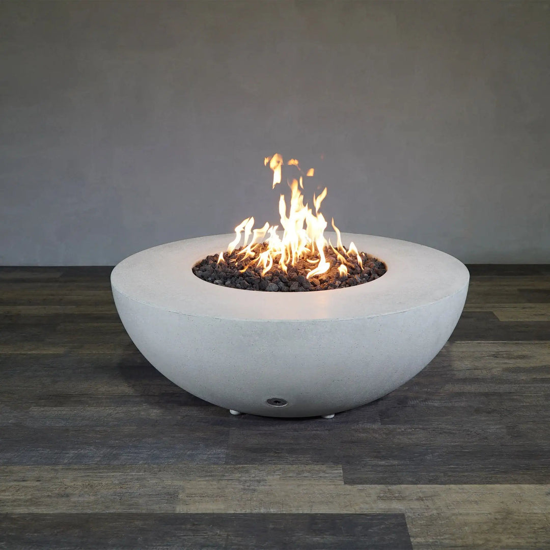45" Round Rustic Gravity Concrete (GFRC) Fire Pit - Propane Gas Hardline - 110V CSA Hi/Lo Electronic Ignition System w/Bluetooth & Handheld Remote - White by Starfire Designs