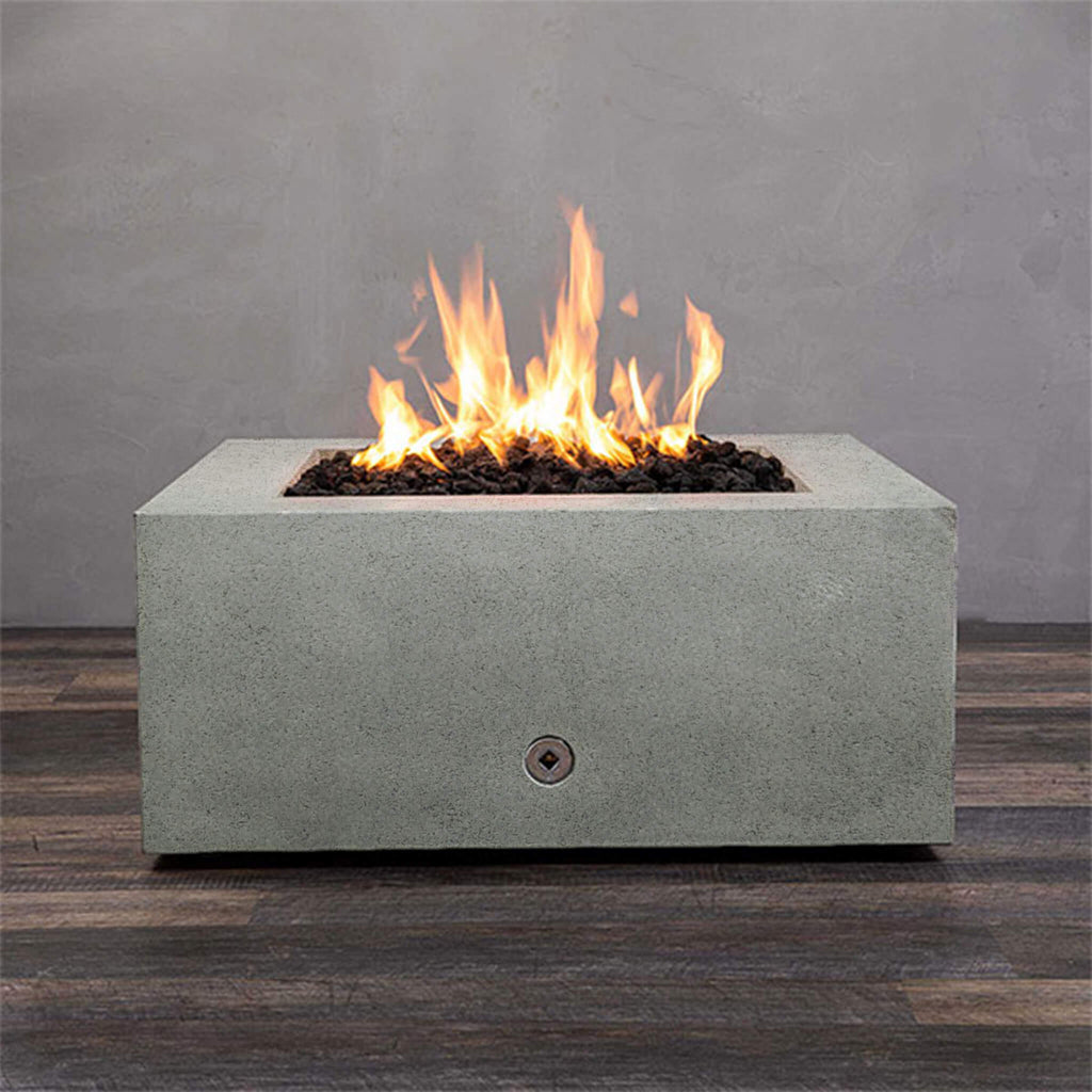 Front view of Starfire Designs Gravity 36" Square Rustic Gravity Concrete (GFRC) Fire Pit - Propane Gas Hardline - Natural Gray with flames on, featuring sleek modern concrete bowl design and durable construction, perfect for outdoor patio spaces. Natural gas or propane compatible, enhancing warmth and ambiance. Lava rocks included for added aesthetic.
