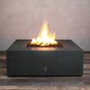 Front view of Starfire Designs Gravity 45" Square Rustic Gravity Concrete (GFRC) Fire Pit - Propane Gas Hardline - Graphite with flames on, featuring sleek modern concrete bowl design and durable construction, perfect for outdoor patio spaces. Natural gas or propane compatible, enhancing warmth and ambiance. Lava rocks included for added aesthetic.
