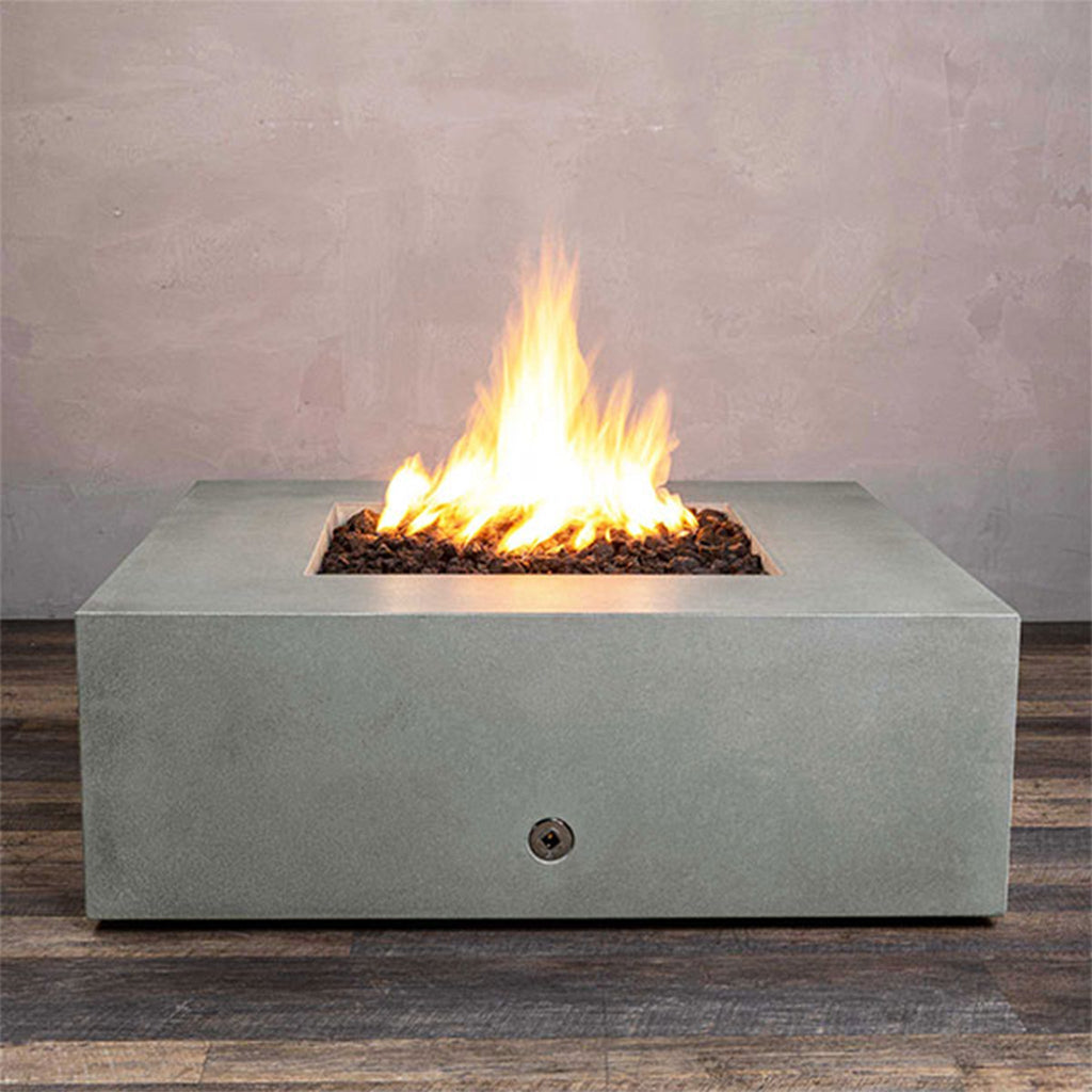 Front view of Starfire Designs Gravity 45" Square Rustic Gravity Concrete (GFRC) Fire Pit - Propane Gas Hardline - Natural Gray with flames on, featuring sleek modern concrete bowl design and durable construction, perfect for outdoor patio spaces. Natural gas or propane compatible, enhancing warmth and ambiance. Lava rocks included for added aesthetic.
