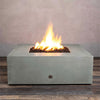 Front view of Starfire Designs Gravity 45" Square Rustic Gravity Concrete (GFRC) Fire Pit - Propane Gas Hardline - Natural Gray with flames on, featuring sleek modern concrete bowl design and durable construction, perfect for outdoor patio spaces. Natural gas or propane compatible, enhancing warmth and ambiance. Lava rocks included for added aesthetic.
