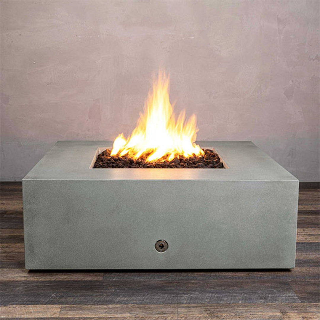 Front view of Starfire Designs Gravity 45" Square Rustic Gravity Concrete (GFRC) Fire Pit - Propane Gas Hardline - Natural Gray with flames on, featuring sleek modern concrete bowl design and durable construction, perfect for outdoor patio spaces. Natural gas or propane compatible, enhancing warmth and ambiance. Lava rocks included for added aesthetic.
