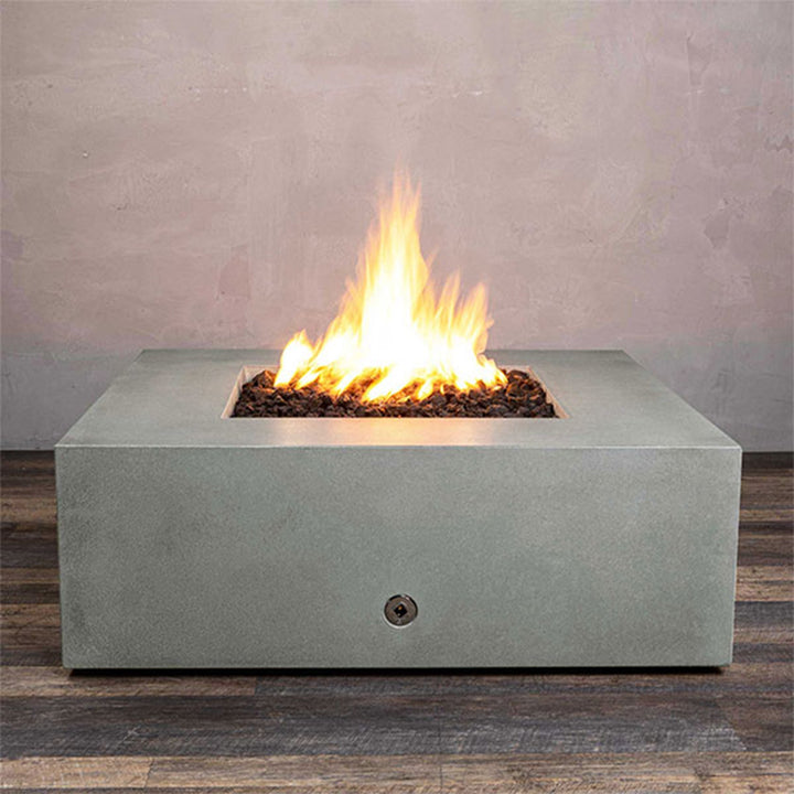 Front view of Starfire Designs Gravity 45" Square Rustic Gravity Concrete (GFRC) Fire Pit - Propane Gas Hardline - Natural Gray with flames on, featuring sleek modern concrete bowl design and durable construction, perfect for outdoor patio spaces. Natural gas or propane compatible, enhancing warmth and ambiance. Lava rocks included for added aesthetic.
