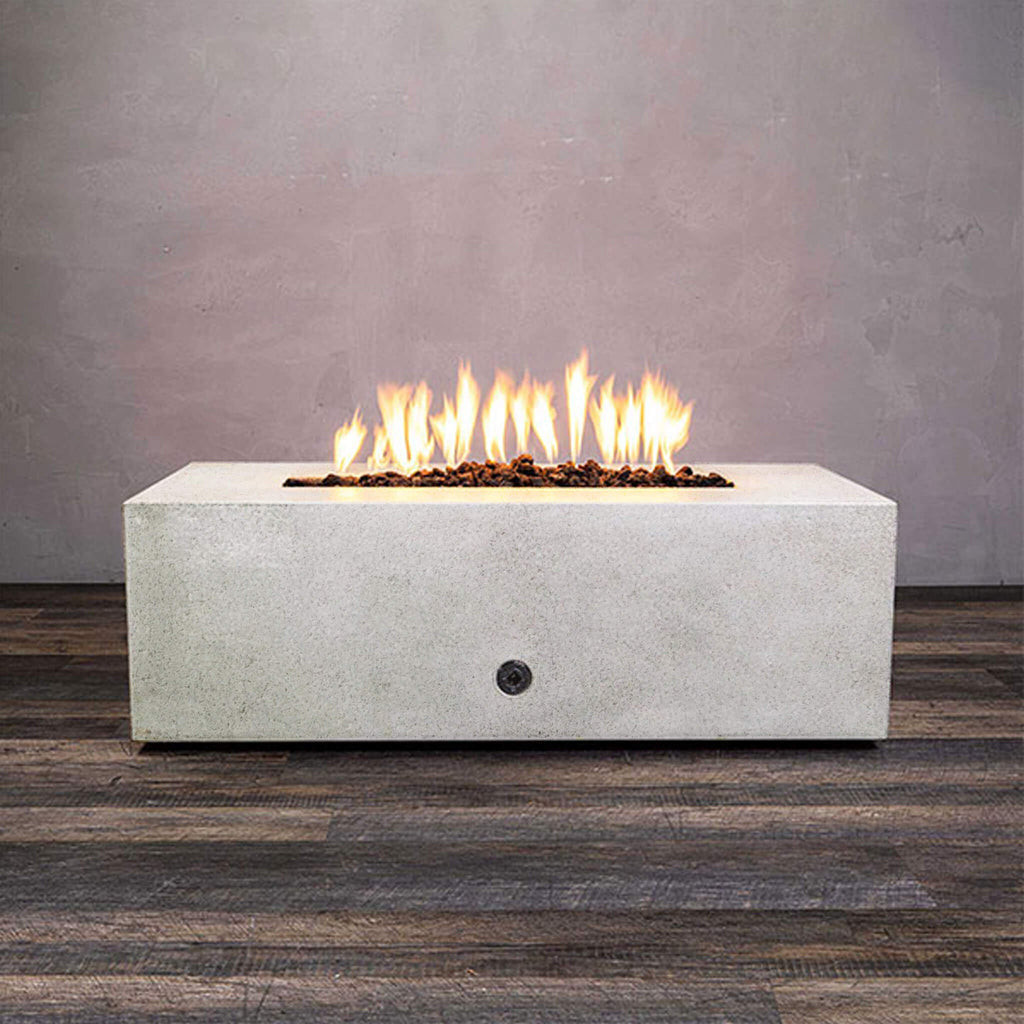 Front view of Starfire Designs Gravity 48" x 32" Rectangle Rustic Gravity Concrete (GFRC) Fire Pit - Propane Gas Hardline - White with flames on, featuring sleek modern concrete bowl design and durable construction, perfect for outdoor patio spaces. Natural gas or propane compatible, enhancing warmth and ambiance. Lava rocks included for added aesthetic.
