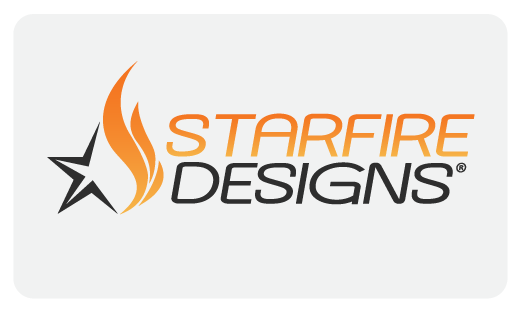 The Starfire Designs logo featuring the brand name in black and orange with a stylized star and flame icon, representing their luxury and high-end fire pit, fireplace, and outdoor patio products.