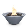 Modern and minimalist, this gray powder-coated Cazo fire bowl combines a soft matte finish with a sleek tapered profile, delivering a striking contrast to the fiery glow above natural black lava rocks.