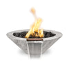 Ivory woodgrain GFRC Cazo fire and water bowl from The Outdoor Plus with natural lava rocks and cascading waterfall, shown on a clean white background.
