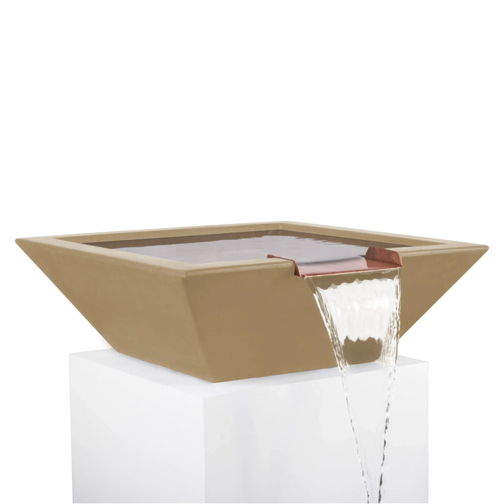 Classic brown Maya Water Bowl with copper scupper, designed for smooth water flow and elegant outdoor architectural style.