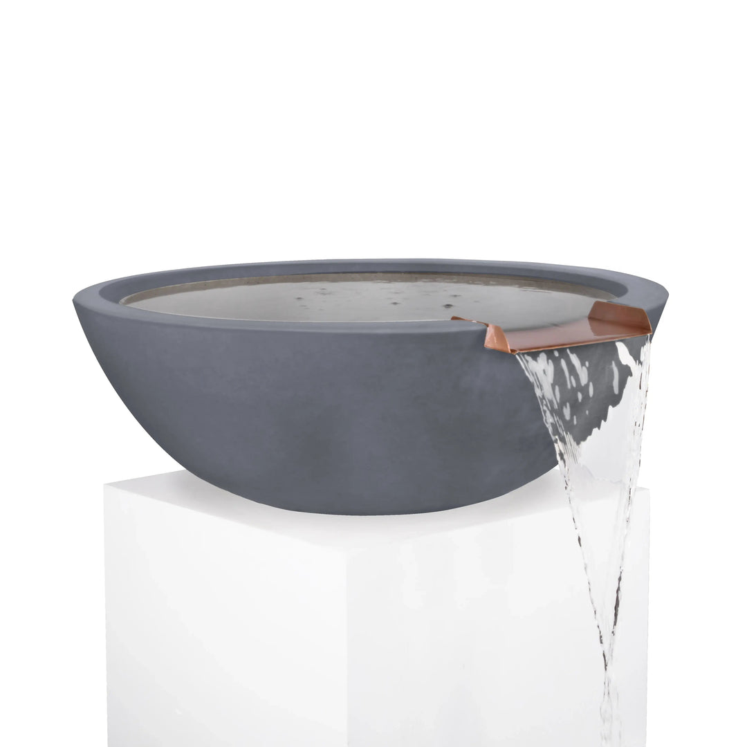 Gray Sedona water bowl with copper spillway, delivering a modern yet versatile design for backyard pools and custom water features.