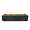 The Outdoor Plus 108-inch Catalina wood grain concrete gas fire pit in ebony finish, showcasing the front view of the rectangular design with a rich, textured wood-like surface. This modern outdoor fire pit delivers warmth and style, perfect for luxury patios and outdoor living areas.