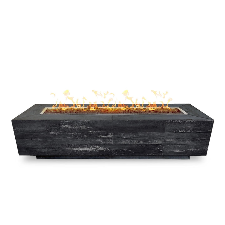 The Outdoor Plus 108-inch Catalina wood grain concrete gas fire pit in ebony finish, showcasing the front view of the rectangular design with a rich, textured wood-like surface. This modern outdoor fire pit delivers warmth and style, perfect for luxury patios and outdoor living areas.