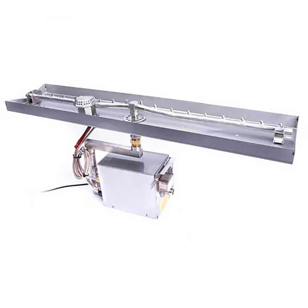 Linear stainless steel fire pit burner with electronic ignition system and control box, ideal for custom outdoor fire pit installations.