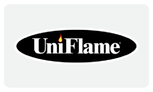 The Uniflame logo featuring the brand name in black and white with a stylized  flame icon, representing their fireplace and fire pit accessory products.