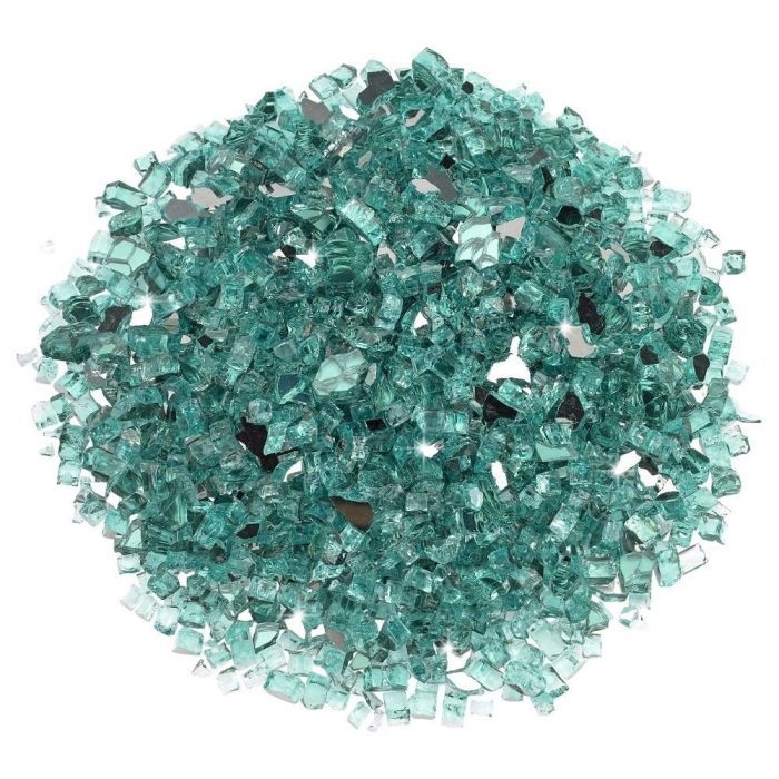 Pile of American Fire Products 1/4-inch Azuria reflective fire glass—featuring crystal-clear aqua tones and mirror-like shards that add brilliant sparkle and cool elegance to fire pits and fireplaces.