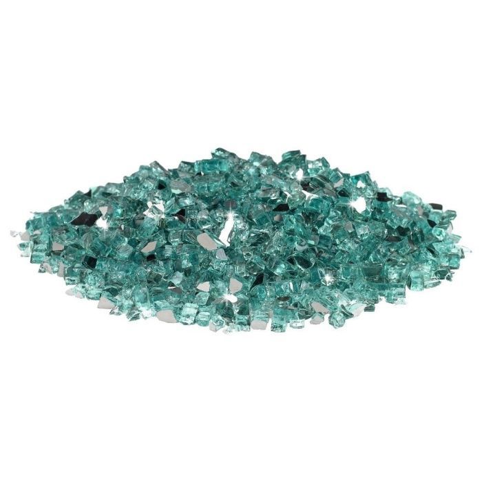 Pile of American Fire Products 1/4-inch Azuria reflective fire glass showcasing sparkling aqua blue tones and mirrored edges, perfect for enhancing modern fire features.