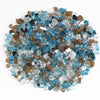 Close-up of American Fire Products 1/2" Bali Pre-Mixed Fire Glass in a vibrant blend of blue, bronze, and clear hues—perfect for adding colorful sparkle and modern flair to your fire pit or fireplace design.