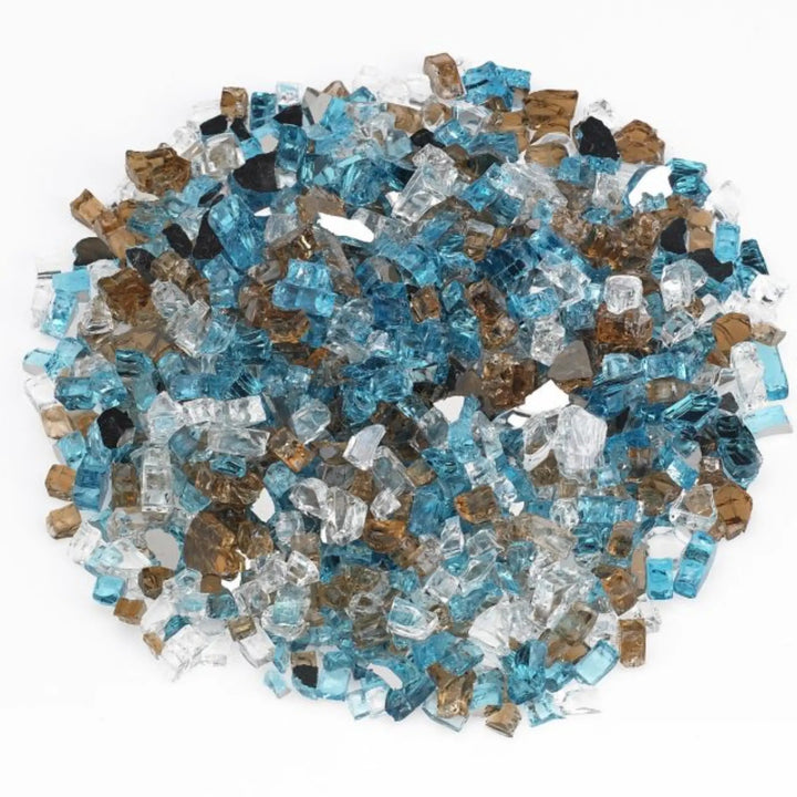 Close-up of American Fire Products 1/2" Bali Pre-Mixed Fire Glass in a vibrant blend of blue, bronze, and clear hues—perfect for adding colorful sparkle and modern flair to your fire pit or fireplace design.