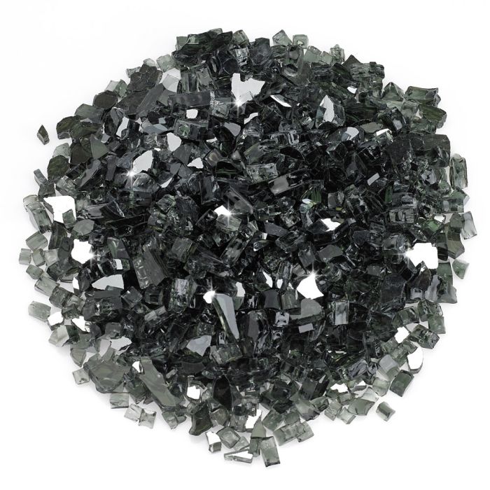 American Fire Products 1/4-inch black reflective fire glass—featuring deep onyx tones and glimmering mirror-like surfaces, perfect for creating bold contrast and modern elegance in fire pits and fireplaces.