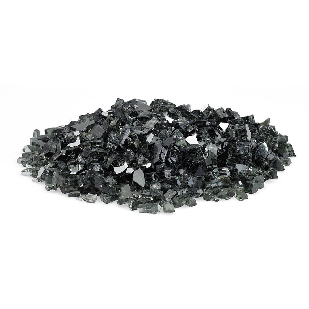 A sleek pile of 1/4” black reflective fire glass from American Fire Products showcases its glossy, mirror-like finish—perfect for adding bold contrast and modern elegance to any gas fire pit or fireplace design.
