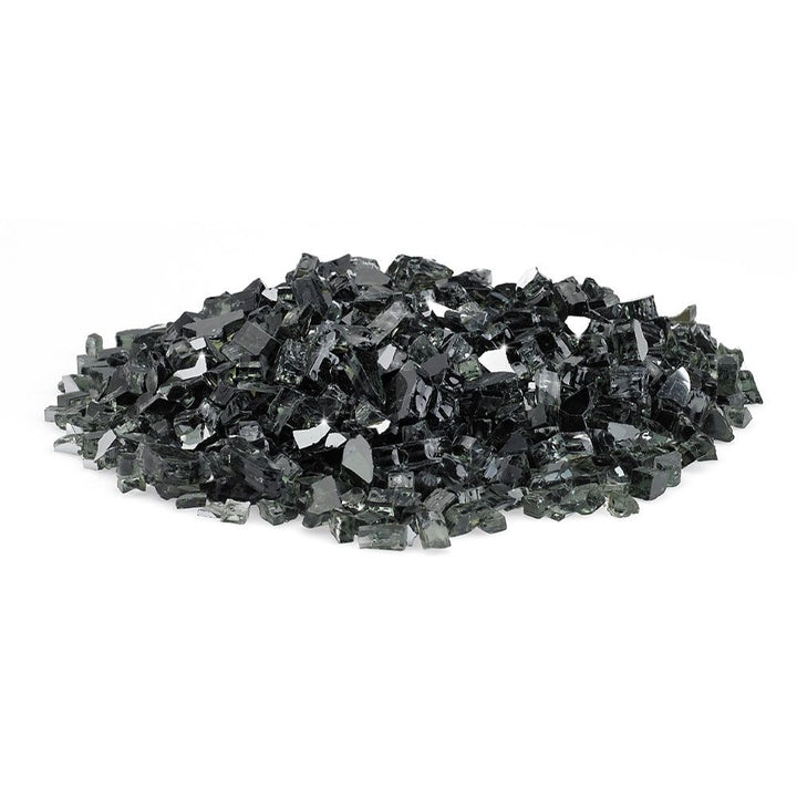 A sleek pile of 1/4” black reflective fire glass from American Fire Products showcases its glossy, mirror-like finish—perfect for adding bold contrast and modern elegance to any gas fire pit or fireplace design.