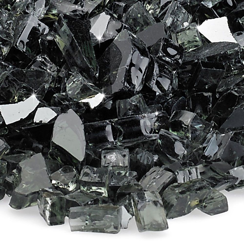 Close-up view of American Fire Products 1/4” black reflective fire glass, revealing the smooth edges and high-gloss mirror finish that capture and reflect ambient firelight for a bold, dramatic look in modern fire features.