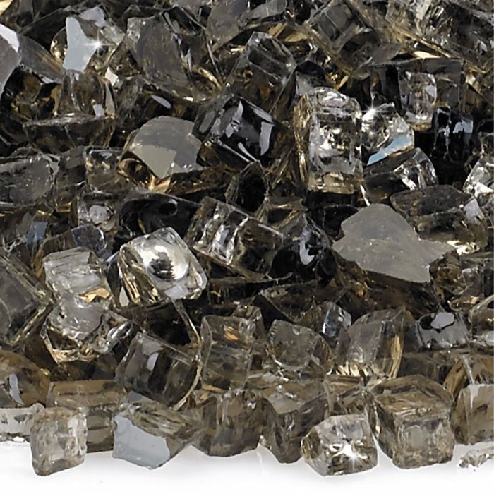 Close-up of American Fire Products 1/4" bronze reflective fire glass, showcasing its deep amber tones, sparkling mirrored surfaces, and smooth, angular edges—perfect for adding warm brilliance to modern fire pits and fireplaces.